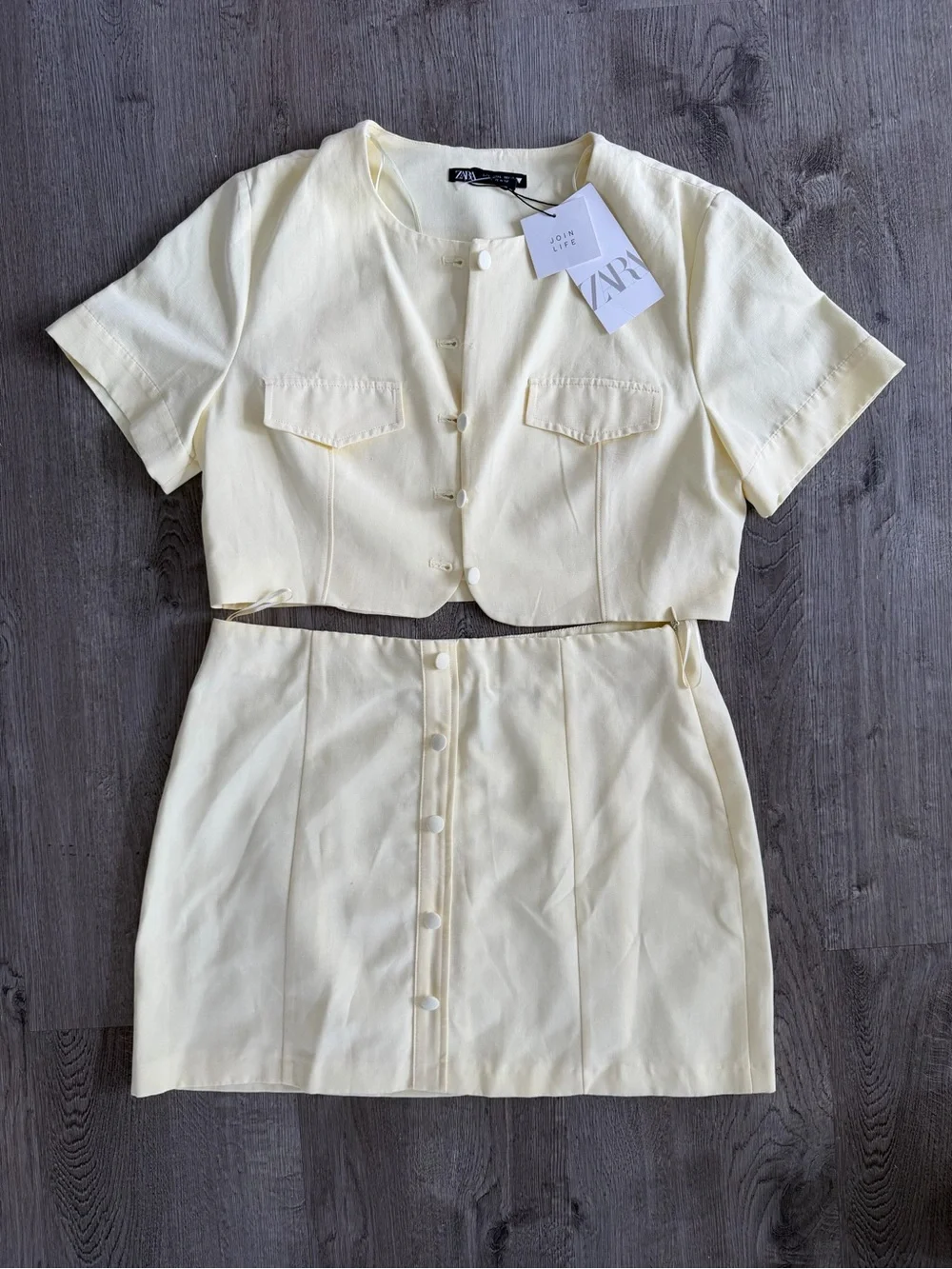 Zara Butter Yellow Linen Blend Co-Ord Set Size L NWT Button Top Mini Skirt - Picture 3 of 16